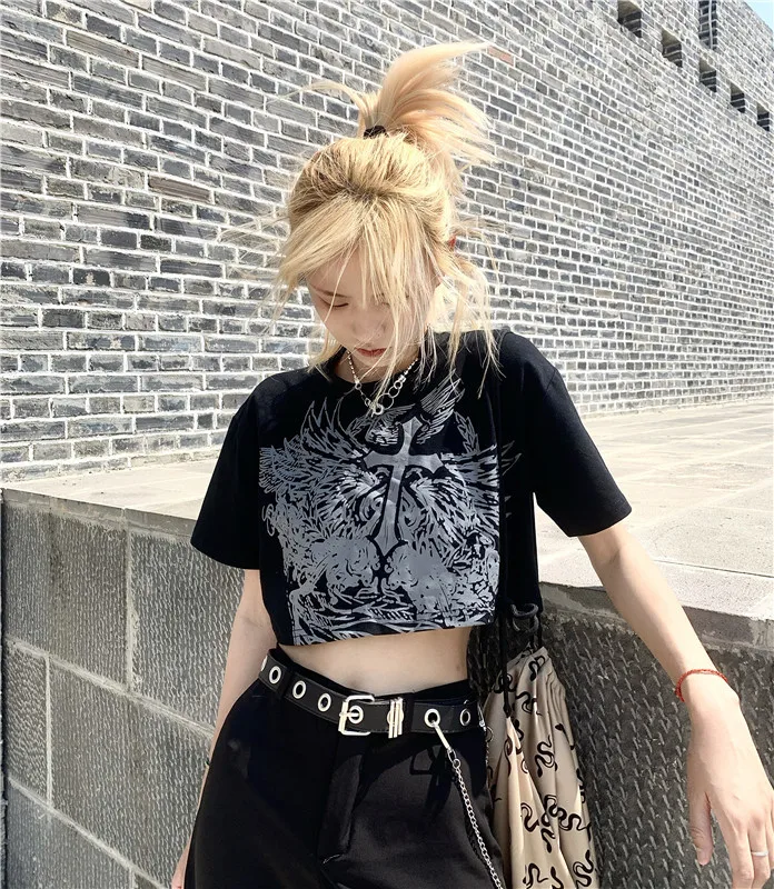 Tamsiai Harajuku Moterys Trumpas Goth T-shirt O Kaklo Gotikos Marškinėlius Spausdinti Kietas Kryžiaus Mados 2020 Metų Vasaros Lady Pagrindinio Juoda Balta Pilka Viršų 2