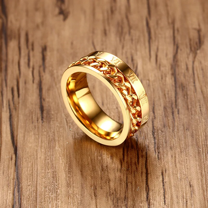Moterų Žiedas Romėniškais Skaitmenimis Žiedai Vyras Mada Pasukti Grandinės Papuošalų Vestuvių Porų Mielas Aukso Spalvos Titano Plieno Anillos 0