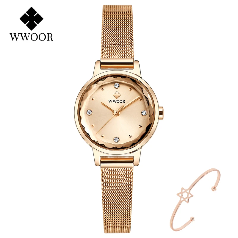 Reloj Mujer WWOOR Moterų Laikrodžiai Prabangos Prekės Ponios Krištolo Apyrankė Žiūrėti Stilingas Rose Gold Kvarcinis Laikrodis atsparus Vandeniui Riešo Žiūrėti 5