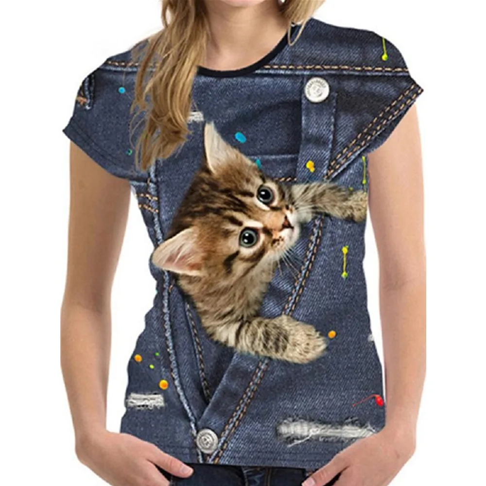 Harajuku Moterų Grafinis T-Shirt 3D Katė Spausdinti Atsitiktinis Tee Vasaros trumpomis Rankovėmis Moteris Tshirts Apvalios Kaklo Pigūs Drabužiai Viršuje Femme 3