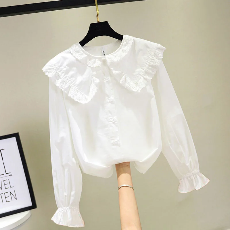 2021 m. Pavasarį, Rudenį Naujas Mergaičių Marškinėlių korėjos Drabužiai Balti Marškiniai Vaikų Nėrinių Baby Girl Viršuje Palaidinė ilgomis Rankovėmis Atsitiktinis Tunika 4