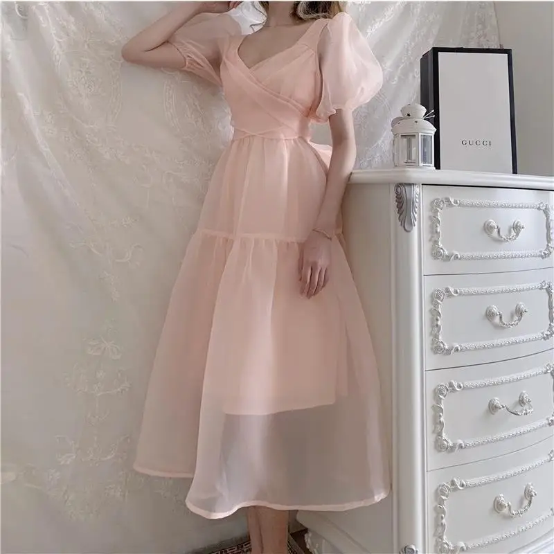 Elegantiškas Dizainerio Suknelė Moterims prancūzijos Rožinė Tvarstis Suknelė Atsitiktinis Sluoksniuotos Rankovėmis Slim Nėriniais, Šifono Suknelė 2021 M. Rudenį moteriški Drabužiai 0
