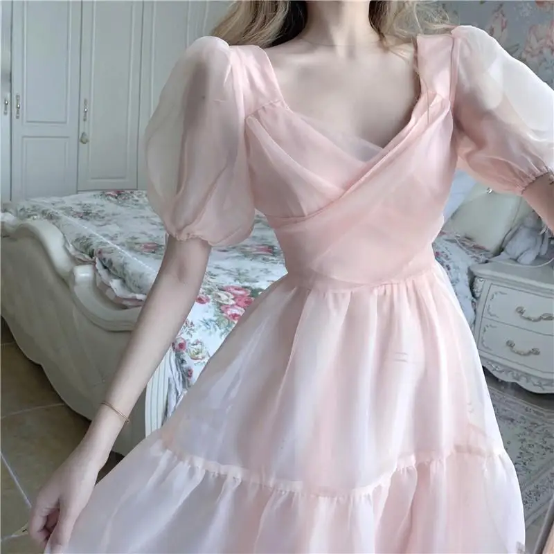 Elegantiškas Dizainerio Suknelė Moterims prancūzijos Rožinė Tvarstis Suknelė Atsitiktinis Sluoksniuotos Rankovėmis Slim Nėriniais, Šifono Suknelė 2021 M. Rudenį moteriški Drabužiai 1