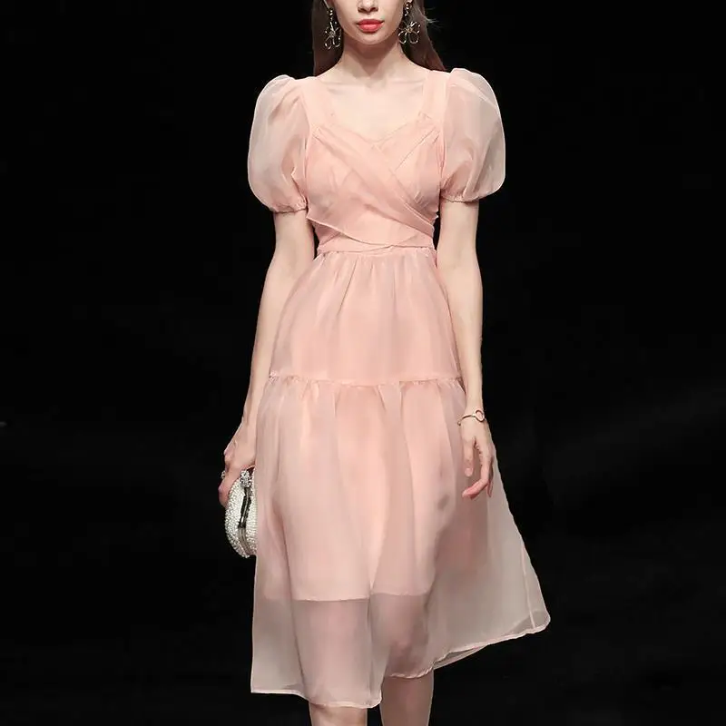 Elegantiškas Dizainerio Suknelė Moterims prancūzijos Rožinė Tvarstis Suknelė Atsitiktinis Sluoksniuotos Rankovėmis Slim Nėriniais, Šifono Suknelė 2021 M. Rudenį moteriški Drabužiai 2