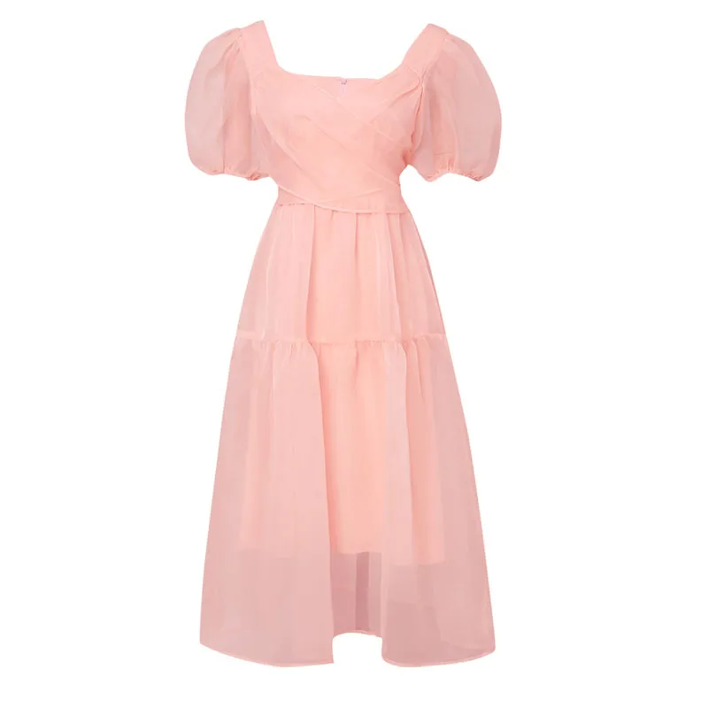 Elegantiškas Dizainerio Suknelė Moterims prancūzijos Rožinė Tvarstis Suknelė Atsitiktinis Sluoksniuotos Rankovėmis Slim Nėriniais, Šifono Suknelė 2021 M. Rudenį moteriški Drabužiai 3
