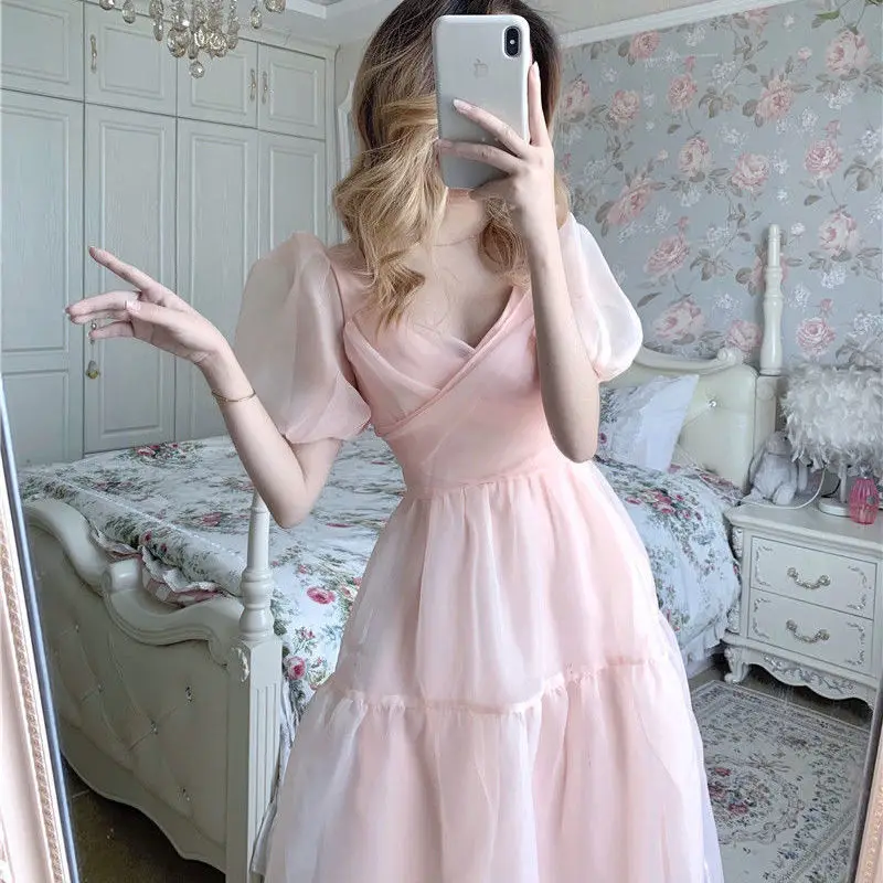 Elegantiškas Dizainerio Suknelė Moterims prancūzijos Rožinė Tvarstis Suknelė Atsitiktinis Sluoksniuotos Rankovėmis Slim Nėriniais, Šifono Suknelė 2021 M. Rudenį moteriški Drabužiai 5