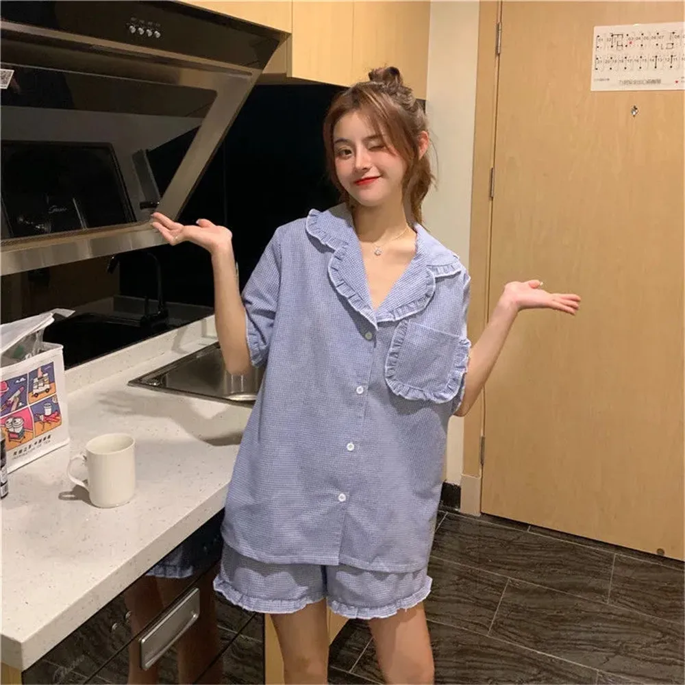 Kawaii Pledas Pynimas Single-Breasted Šortai Pižama Komplektas Studentams Moterų Korėjos Prarasti Vasaros Sleepwear Kišenės Paprasta Pijama 0