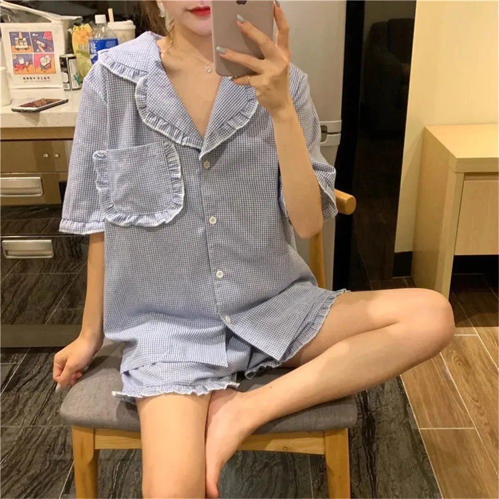 Kawaii Pledas Pynimas Single-Breasted Šortai Pižama Komplektas Studentams Moterų Korėjos Prarasti Vasaros Sleepwear Kišenės Paprasta Pijama 3