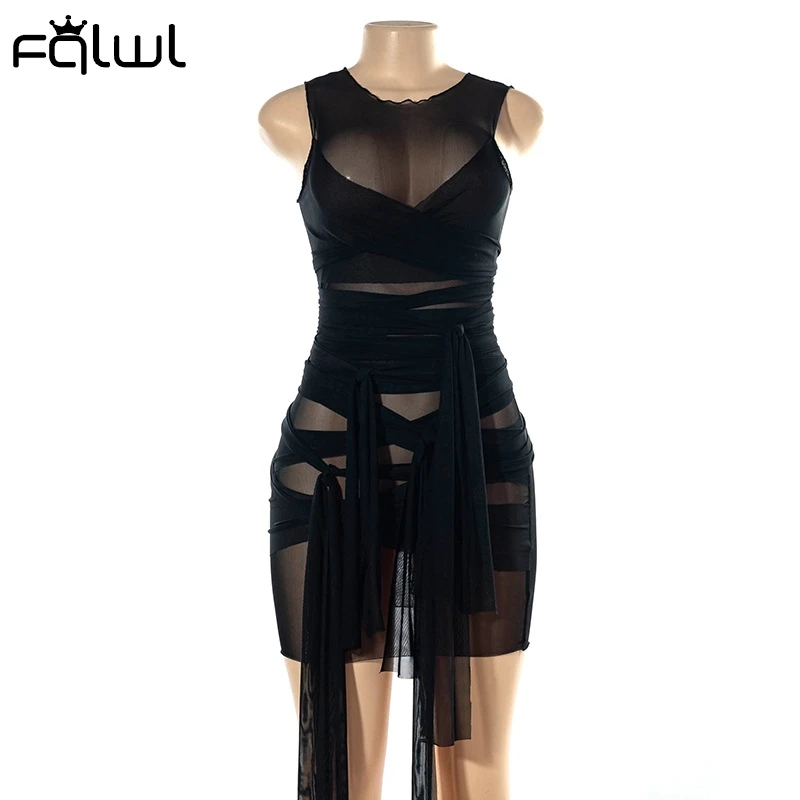FQLWL Vasaros Moteriški Berankoviai Tuščiaviduriai Iš Wrap Mini Suknelė Ruda Juoda Tvarstis Matyti Per Akies Bodycon Suknelės Ponios Clubwear 5