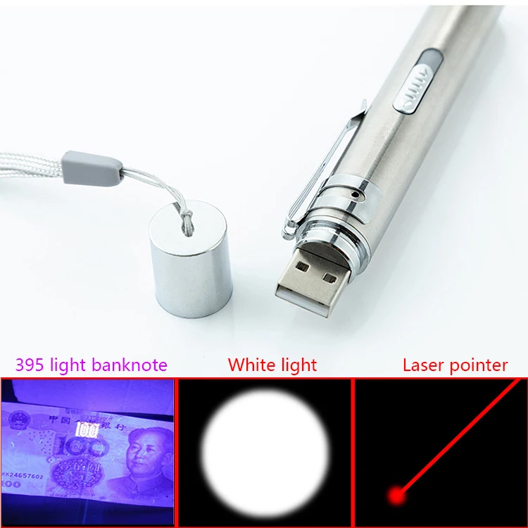 Mini USB Įkrovimo 3in1 LED Žibintuvėlis Galingas LED Žibintuvėlis, atsparus Vandeniui Dizainas Penlight uv banknotų /Lazerinio žymeklio šviesa 3