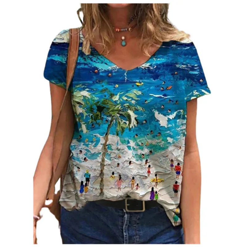 3XL Vasaros Marškinėliai 2021 Naujas Moterų Paplūdimio Šalies Simbolį, Print T Shirt Streetwear Atsitiktinis trumpomis Rankovėmis V-Kaklo Tee Viršūnes Plius Dydis 2