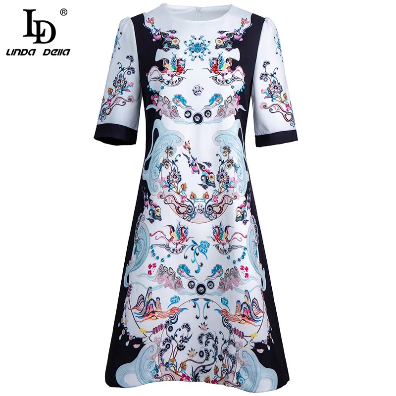 LD LINDA DELLA 2021 Mados Dizaineris Vasaros Vintage Suknelė Moterims trumpomis Rankovėmis Puošnus Gėlių Spausdinti Duobute Elegantiška Mini Suknelė 0