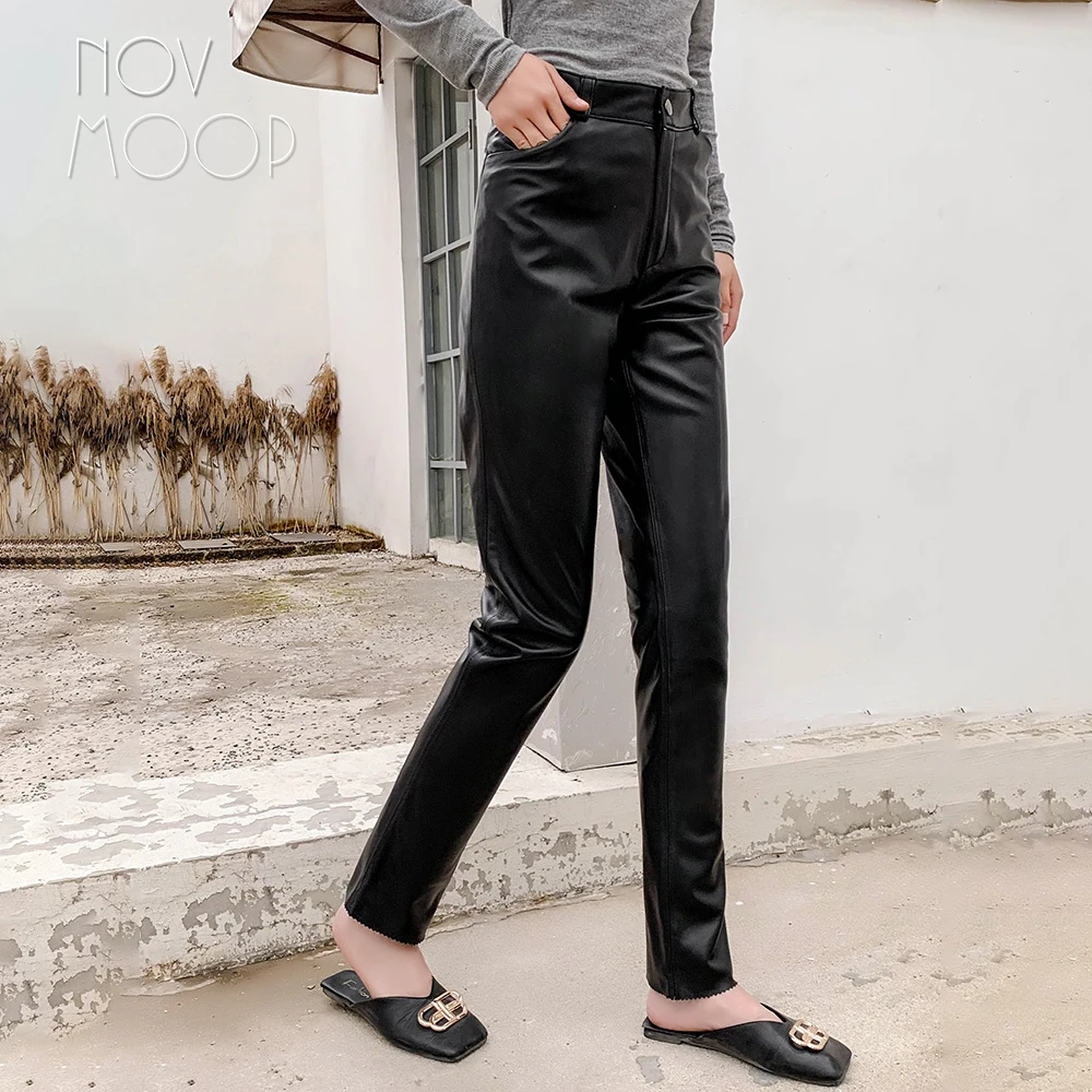 Novmoop natūralios odos minkštas moterų pieštuku kelnės tiesus modelis su zigzago kojos openning elegantiškas oficialus lady stiliaus LT3477 2