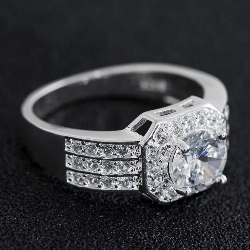 YKD10 925 sidabro Klasikinis Vestuvinis Žiedas Balta Kubinis Cirkonis Moterų Moterų Vestuvių Juostoje Žiedai, Papuošalai 0