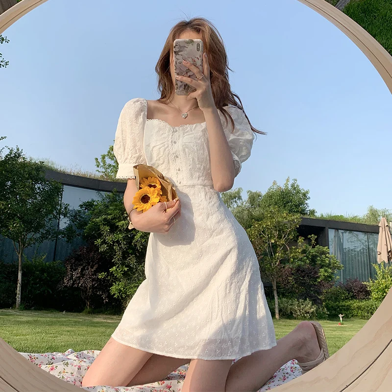 Vingate Siuvinėjimo Aikštėje Apykaklės Elegantiškas Nėrinių Suknelė Moterims Sluoksniuotos Rankovėmis Atsitiktinis Prašmatnus Gėlių Suknelė Korėjos Mygtuką Dizainas Vasaros 2021 1