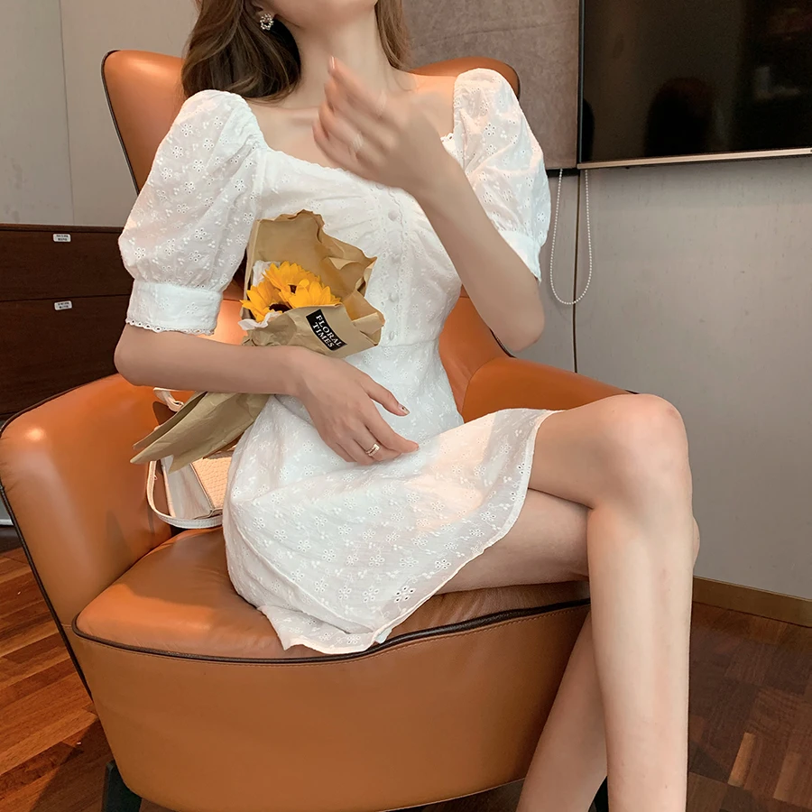 Vingate Siuvinėjimo Aikštėje Apykaklės Elegantiškas Nėrinių Suknelė Moterims Sluoksniuotos Rankovėmis Atsitiktinis Prašmatnus Gėlių Suknelė Korėjos Mygtuką Dizainas Vasaros 2021 4