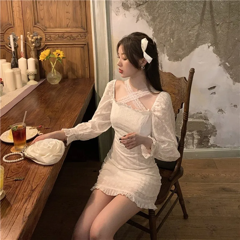 Nėrinių Mini Suknelė Moterims Atsitiktinis Asmenybės Ilgomis Rankovėmis Vientisas Suknelė Moteriška Rudens Drabužių 2021 Korėjos Elegantiškas Šalis Y2k Suknelė 3