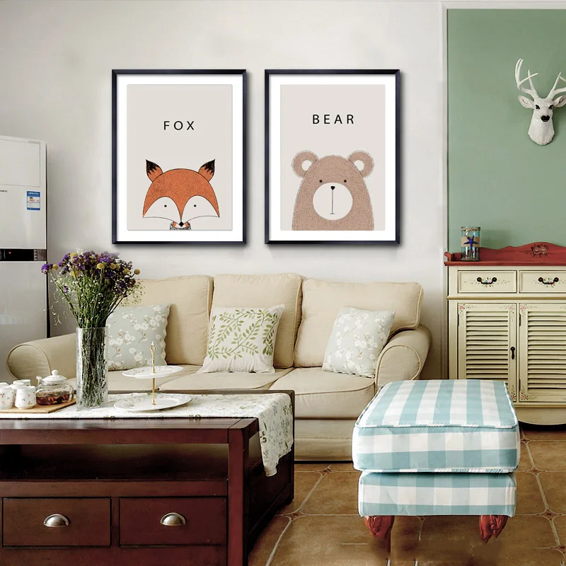 Akvarelė Atspausdinta Drobė Plakatas Sienos Nuotraukas Gyvūnų Elnias Bear Rabbit Dramblys Fox Šiaurės Stiliaus Šiuolaikinės Tapybos Namų Dekoro 2