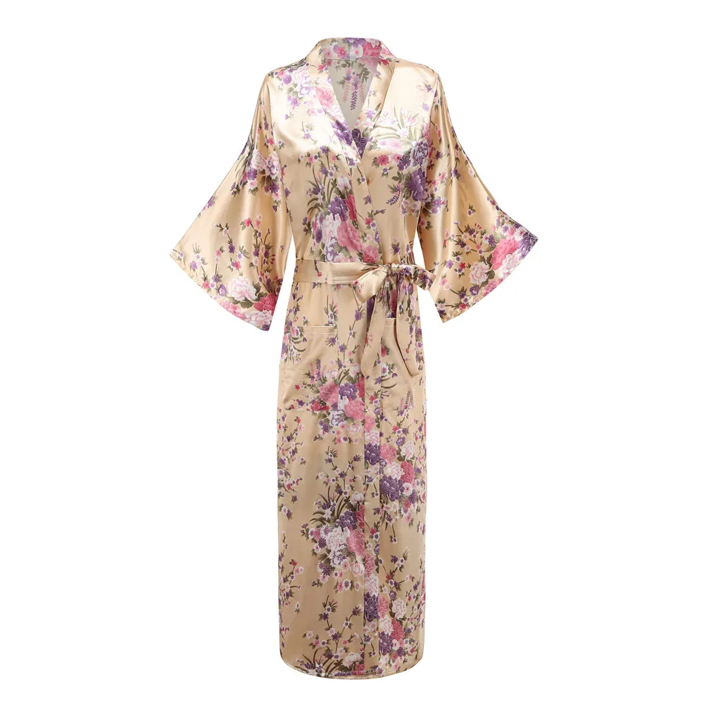 Spausdinti Gėlių Moterų Kimono Chalatai, Apatinis Trikotažas Ilgai Atsitiktinis Sleepwear Chalatas Suknelė Sexy Satin Namų Drabužiai, Moteriškas Chalatas Naktiniai Drabužiai 0