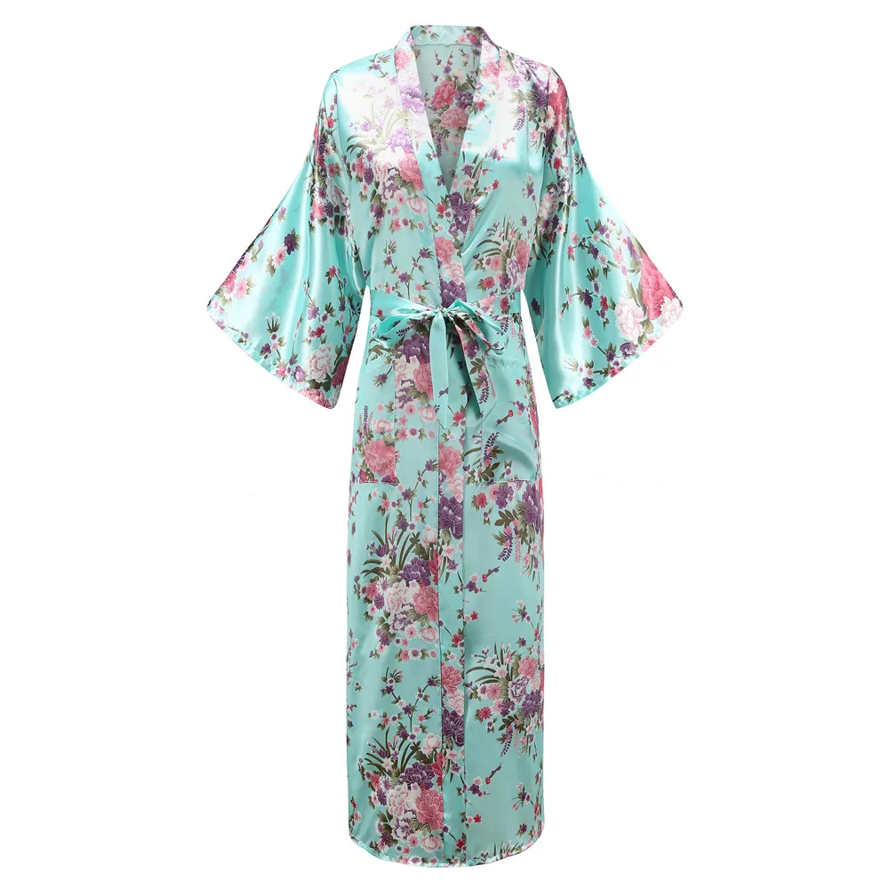 Spausdinti Gėlių Moterų Kimono Chalatai, Apatinis Trikotažas Ilgai Atsitiktinis Sleepwear Chalatas Suknelė Sexy Satin Namų Drabužiai, Moteriškas Chalatas Naktiniai Drabužiai 3