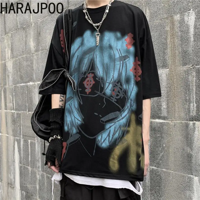 Harajpoo Porą Marškinėlių, 2021 M. Vasarą Pietų Korėjoje Ins StyleTrend Juoda Hip-hop ' Grafiti Anime Spausdinti Prarasti trumparankoviai Puloveriai 0
