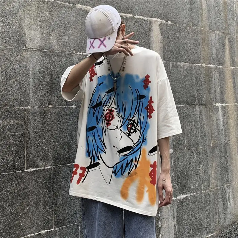Harajpoo Porą Marškinėlių, 2021 M. Vasarą Pietų Korėjoje Ins StyleTrend Juoda Hip-hop ' Grafiti Anime Spausdinti Prarasti trumparankoviai Puloveriai 4