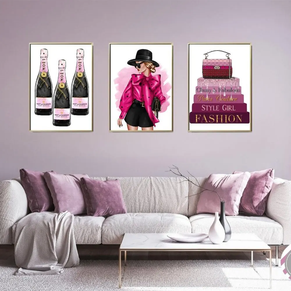 Rožinis Mados Mergina Su Akiniais Drobės Tapybos Šampano Plakatas ir Spausdina Knygas Sienos Menas Nuotraukas Kambarį Namų Dekoro 4