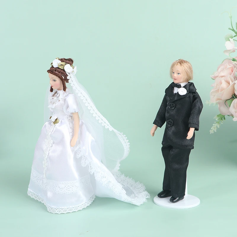 1:12 Miniatiūriniai Lėlių Porceliano Lėlės Modelis, Jaunikis, Nuotaka, Dėvėti Ilgą Balta Vestuvinė Suknelė 1