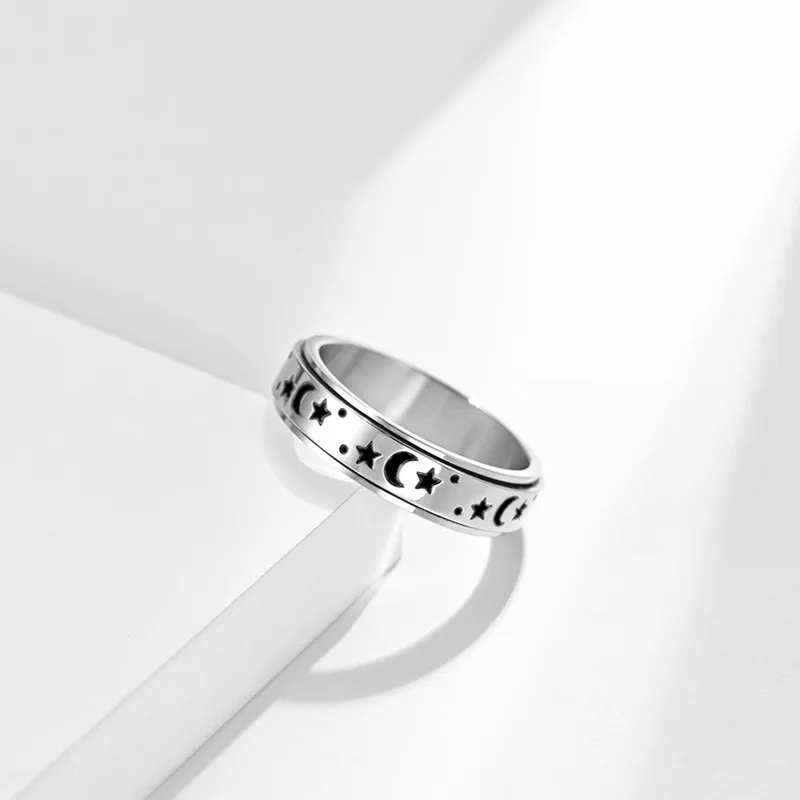 6mm Moon Star Ring Stainless Steel Spinner Ring for Women Men Size 5-12 0