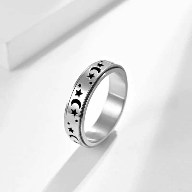 6mm Moon Star Ring Stainless Steel Spinner Ring for Women Men Size 5-12 1