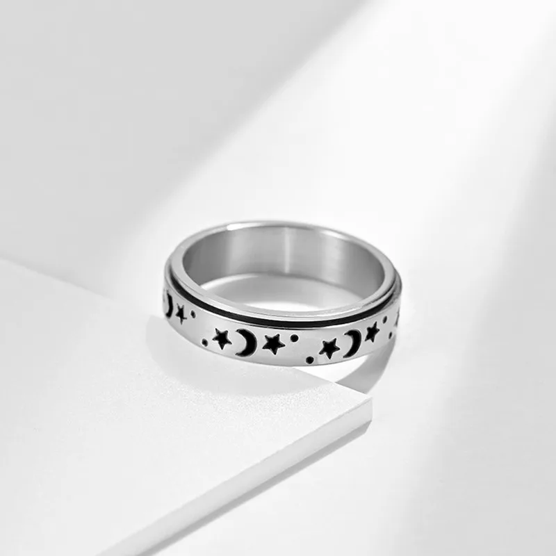 6mm Moon Star Ring Stainless Steel Spinner Ring for Women Men Size 5-12 2