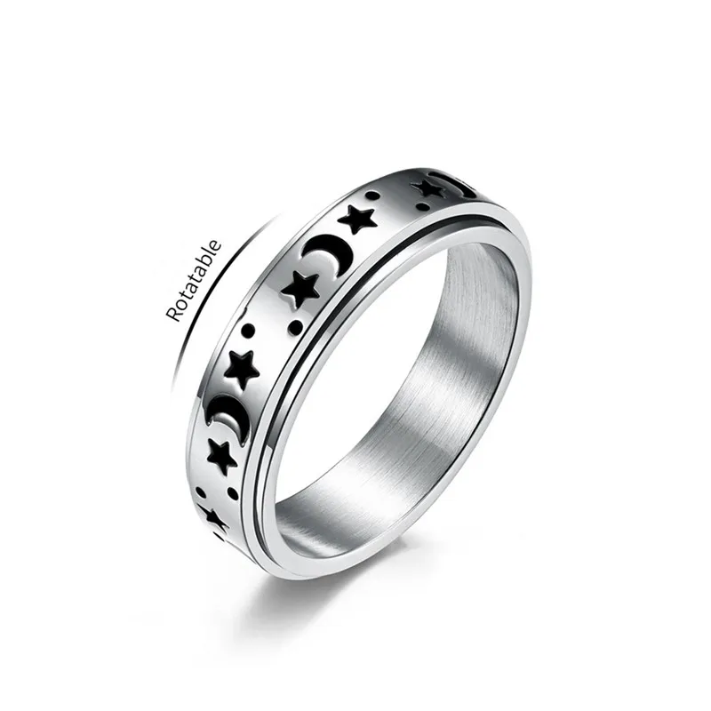 6mm Moon Star Ring Stainless Steel Spinner Ring for Women Men Size 5-12 5