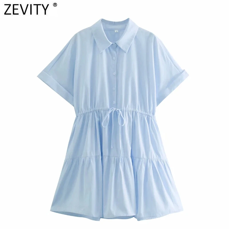 Zevity Naujas Moterų vientisos Spalvos Juosmens sutraukimo juostelę Klostes Shirtwaist Moteriška Suknelė trumpomis Rankovėmis Chic Atsitiktinis Kimono Mini Vestido DS8164 0