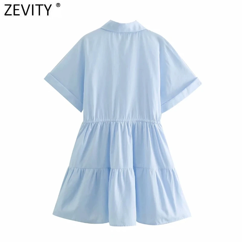 Zevity Naujas Moterų vientisos Spalvos Juosmens sutraukimo juostelę Klostes Shirtwaist Moteriška Suknelė trumpomis Rankovėmis Chic Atsitiktinis Kimono Mini Vestido DS8164 5