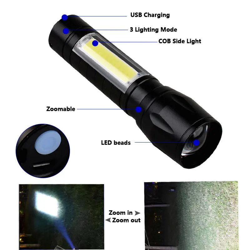 Nešiojamų T6 COB LED Žibintuvėlis atsparus Vandeniui Taktinis USB Įkrovimo Kempingas Žibintų Zoomable Dėmesio Žibintuvėlis Šviesos Lempos Naktį Žibintai 4