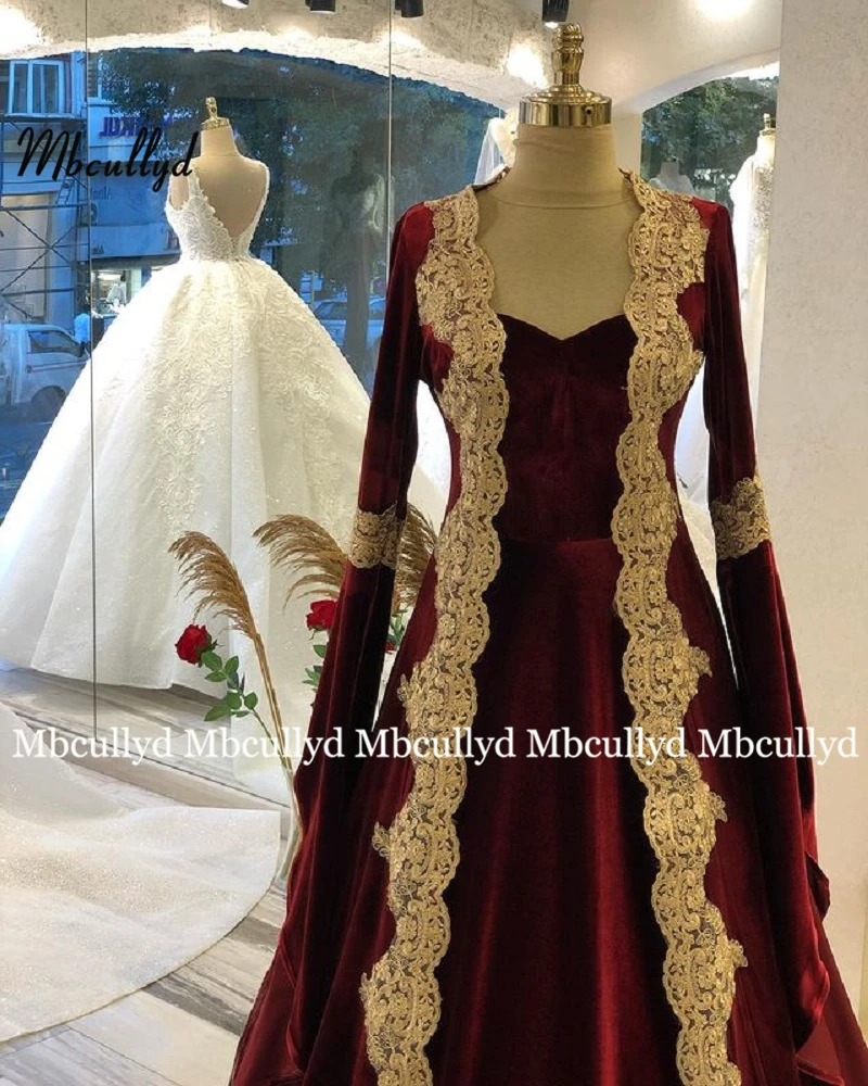 Musulmonų Bordo Vakaro Suknelės 2021 Linijos, V-kaklo, ilgomis Rankovėmis Aukso Nėrinių Dubajus Abaja Saudo arabų Maroko Ilgai Promenadzie Suknelė 3