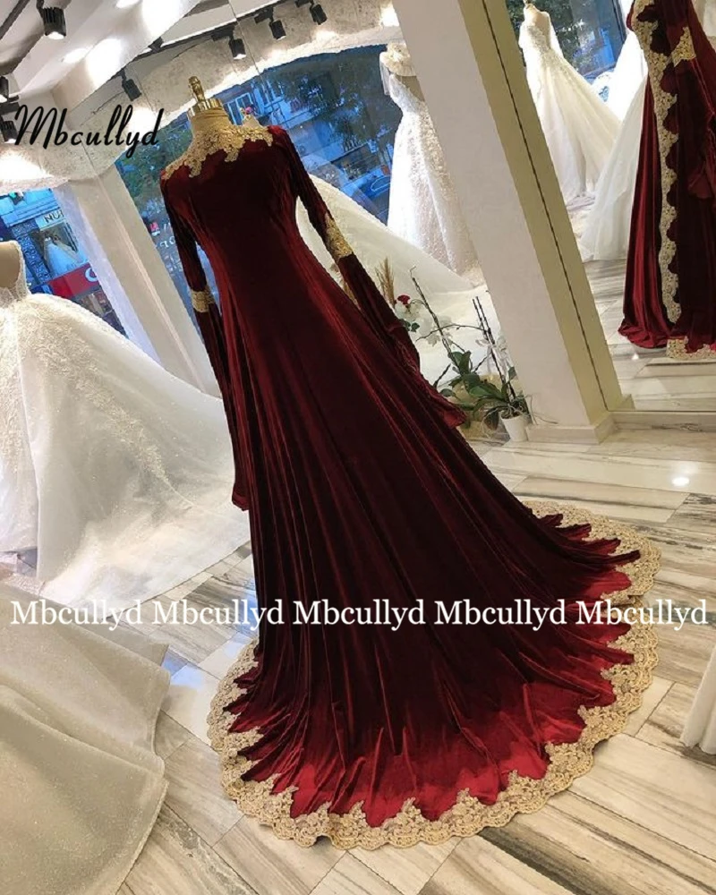 Musulmonų Bordo Vakaro Suknelės 2021 Linijos, V-kaklo, ilgomis Rankovėmis Aukso Nėrinių Dubajus Abaja Saudo arabų Maroko Ilgai Promenadzie Suknelė 5