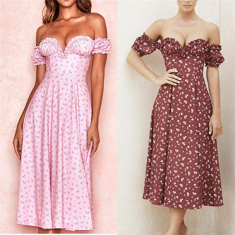 Rožinės Suknelės Moteris Vasarą 2021 Elegantiškas Gėlių Kraštą, Nuo Peties Nuo Nugaros Padalinta Suknelės Mielas Romantiškas Mados Moterų Suknelė 4