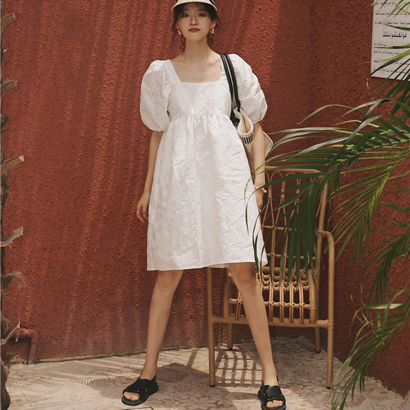 Lucyever Prancūzija Sluoksniuotos Rankovėmis Suknelė Moterims su Kišenėje Vasaros Aikštėje Apykaklė Balta Mini Sundress Moterų Saldus Prarasti Vestidos Mujer 0
