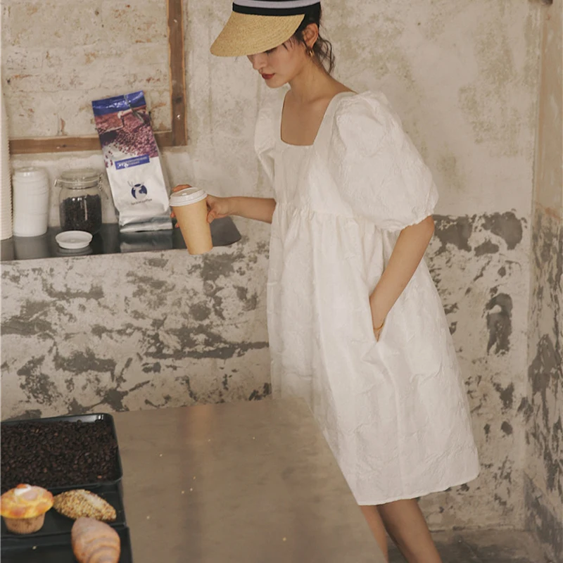 Lucyever Prancūzija Sluoksniuotos Rankovėmis Suknelė Moterims su Kišenėje Vasaros Aikštėje Apykaklė Balta Mini Sundress Moterų Saldus Prarasti Vestidos Mujer 4