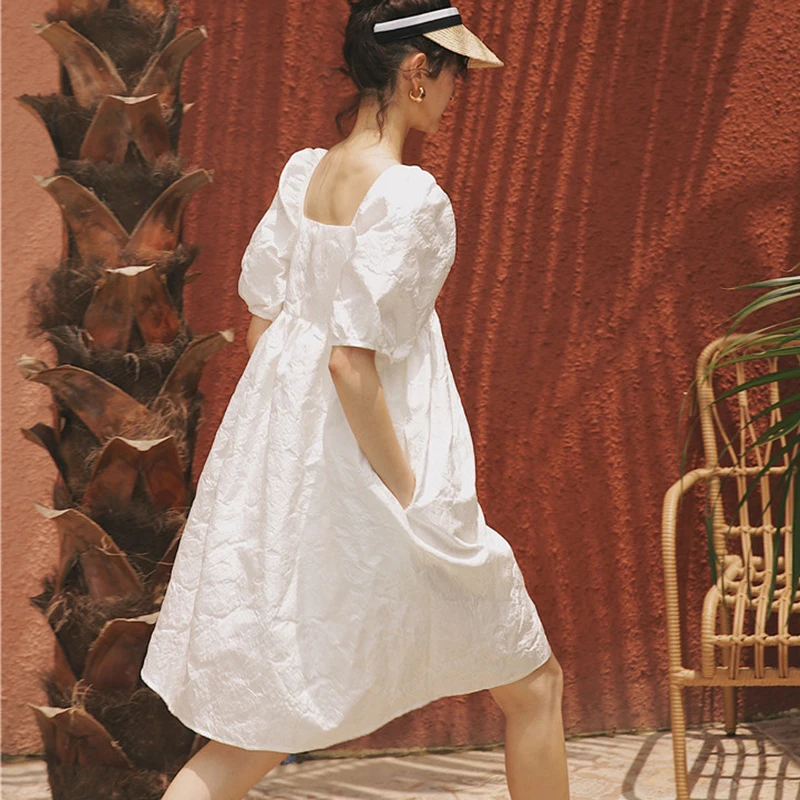 Lucyever Prancūzija Sluoksniuotos Rankovėmis Suknelė Moterims su Kišenėje Vasaros Aikštėje Apykaklė Balta Mini Sundress Moterų Saldus Prarasti Vestidos Mujer 5