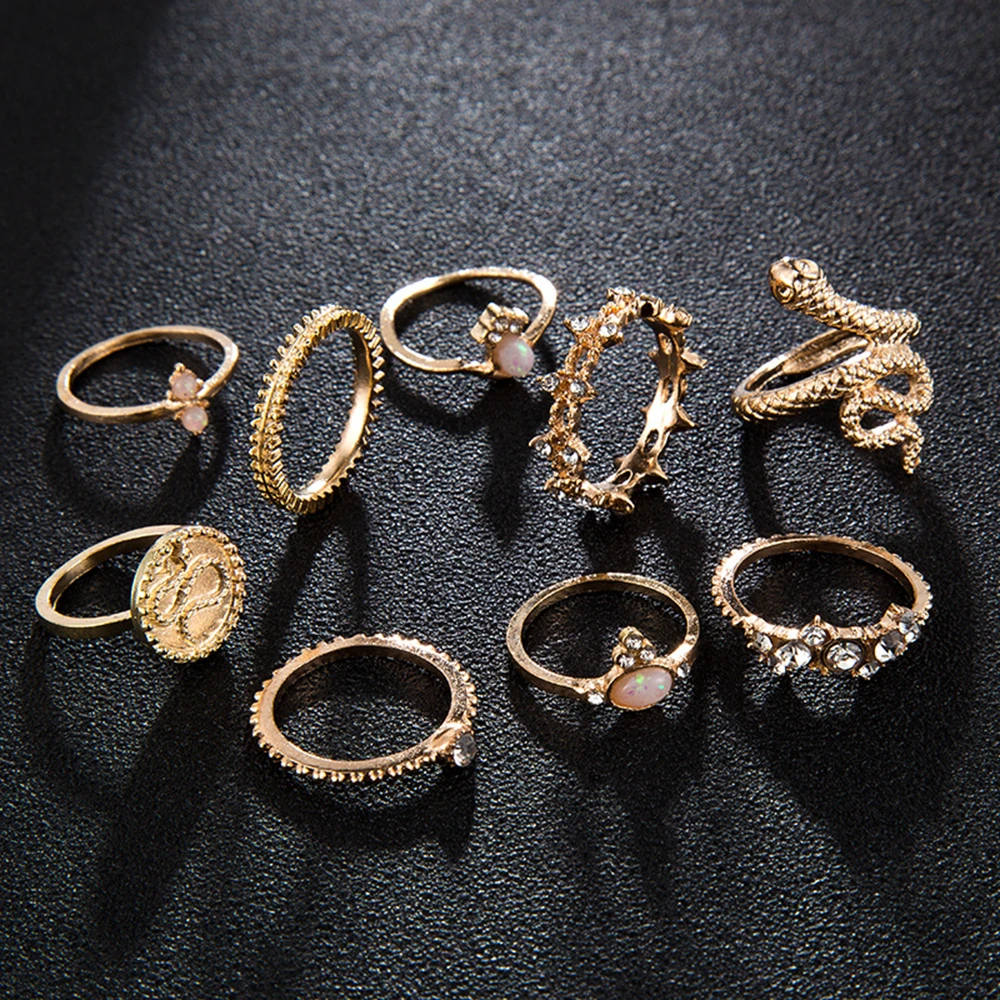 žiedų rinkinys Bohemiškas stilius tuščiaviduriai senovinių rožių gėlių gyvatės žiedas 10-piece set Ring moterų žiedai, pakabukai mergaitėms bague femme 4