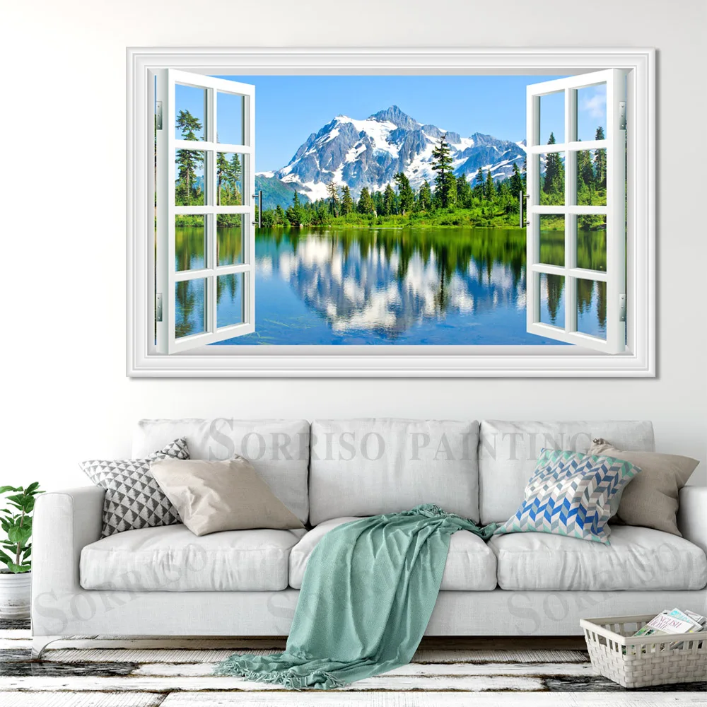 Ežeras Kalnų Kraštovaizdžio Sienos Meno 3D Imitacija Lango Dizainas, Paveikslai Tapyba Nuotraukų, Plakatų Ir grafikos Namų Kambarį Dekoro 0