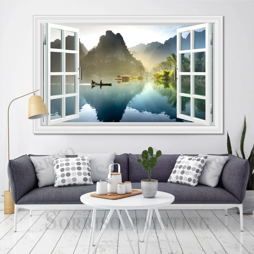 Ežeras Kalnų Kraštovaizdžio Sienos Meno 3D Imitacija Lango Dizainas, Paveikslai Tapyba Nuotraukų, Plakatų Ir grafikos Namų Kambarį Dekoro 1