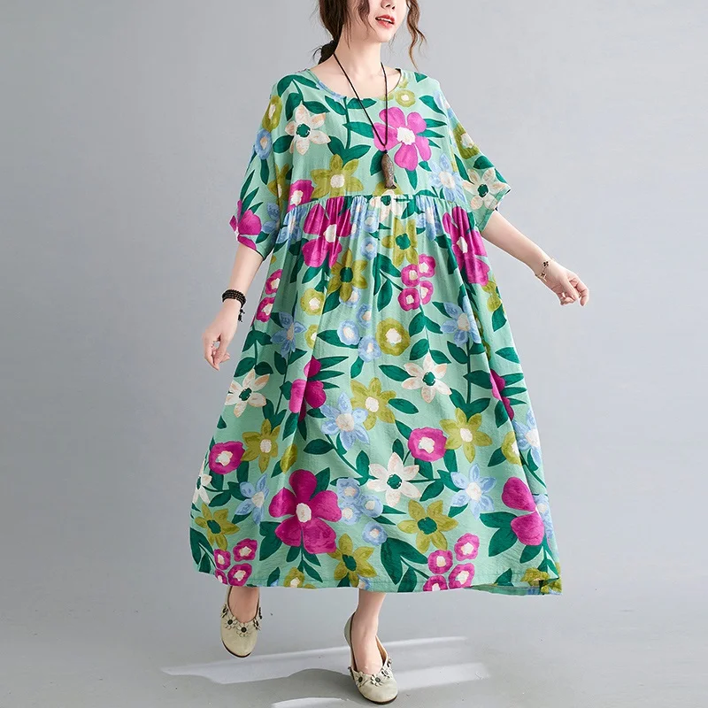 Trumpas rankovės medvilnės skalbiniai derliaus gėlių suknelės moterims atsitiktinis palaidų ilgai moteris, vasaros suknelė elegantiškas drabužius 2021 0