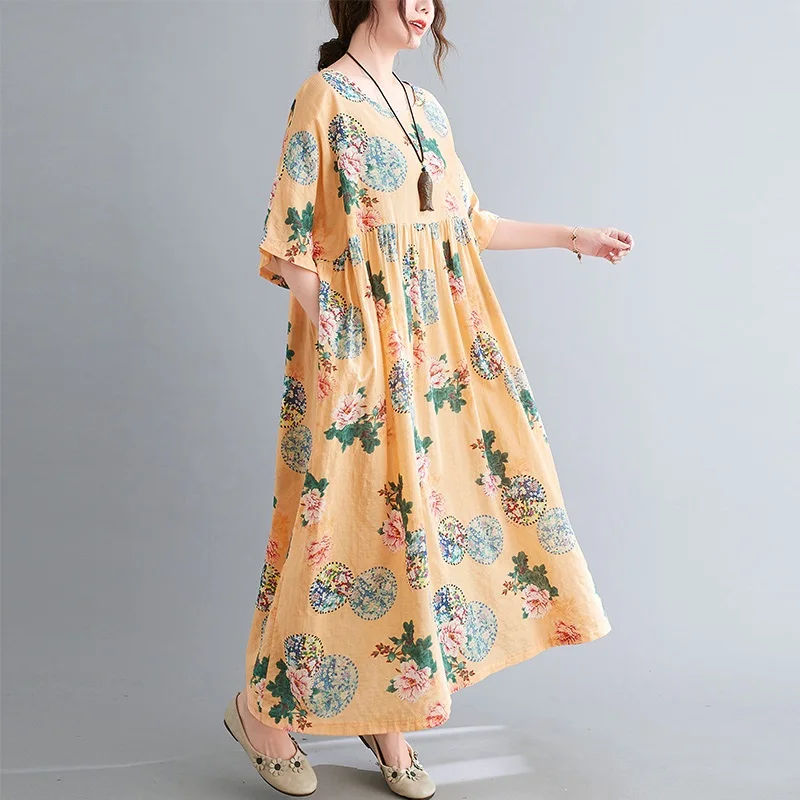 Trumpas rankovės medvilnės skalbiniai derliaus gėlių suknelės moterims atsitiktinis palaidų ilgai moteris, vasaros suknelė elegantiškas drabužius 2021 2
