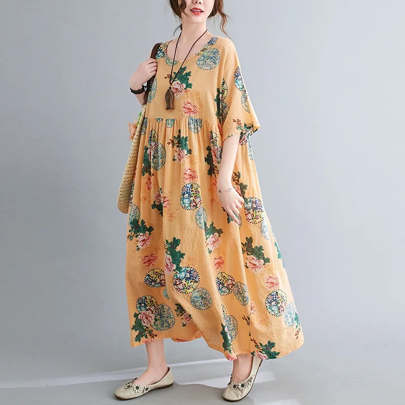 Trumpas rankovės medvilnės skalbiniai derliaus gėlių suknelės moterims atsitiktinis palaidų ilgai moteris, vasaros suknelė elegantiškas drabužius 2021 3