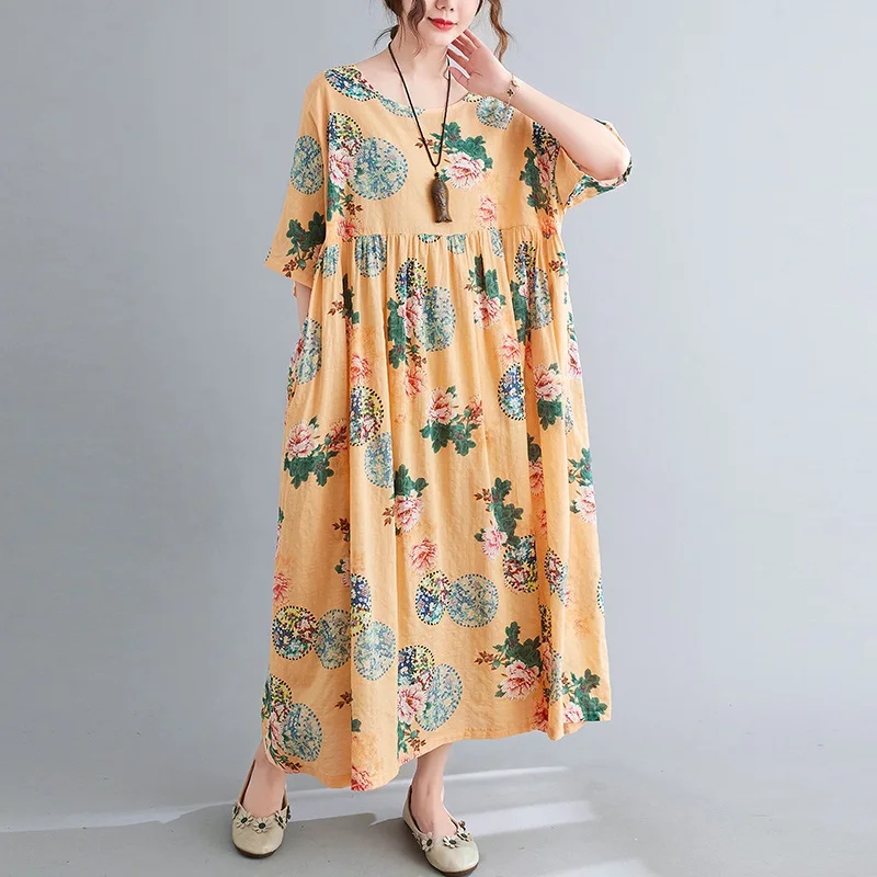 Trumpas rankovės medvilnės skalbiniai derliaus gėlių suknelės moterims atsitiktinis palaidų ilgai moteris, vasaros suknelė elegantiškas drabužius 2021 4