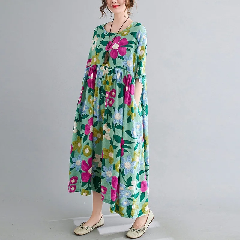 Trumpas rankovės medvilnės skalbiniai derliaus gėlių suknelės moterims atsitiktinis palaidų ilgai moteris, vasaros suknelė elegantiškas drabužius 2021 5