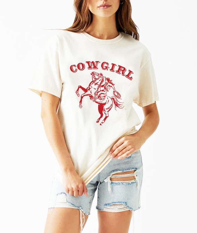 Sunfiz Moterų Cowgirl Spausdinti Moterų Tee Trumpas Rankovės ilgos T-shirt Spausdinti Grafinis Tees Brendžio Viršūnes Normalus Tee marškinėliai Naujas 4